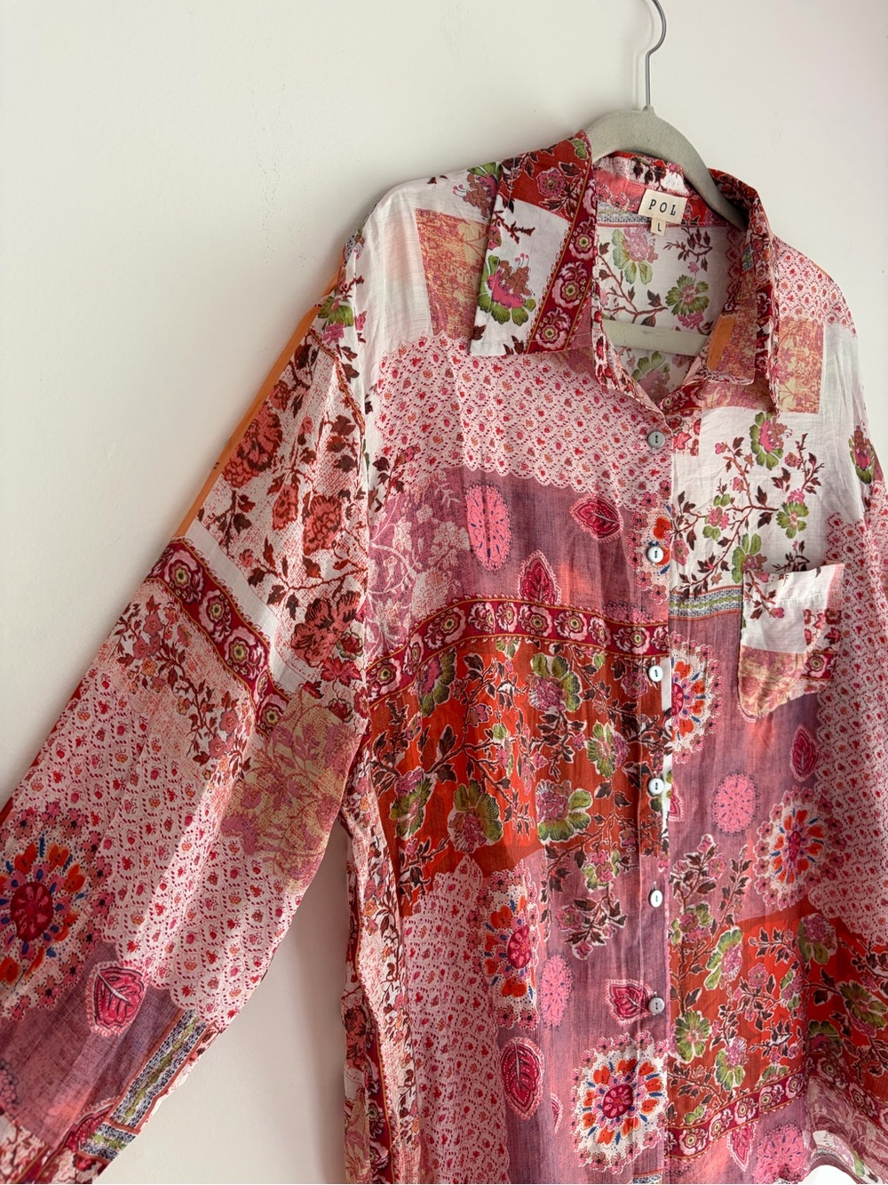 POL Pink Floral Patchwork Print Long Sleeve Button Down Shirt Size L - Picture 2 of 5